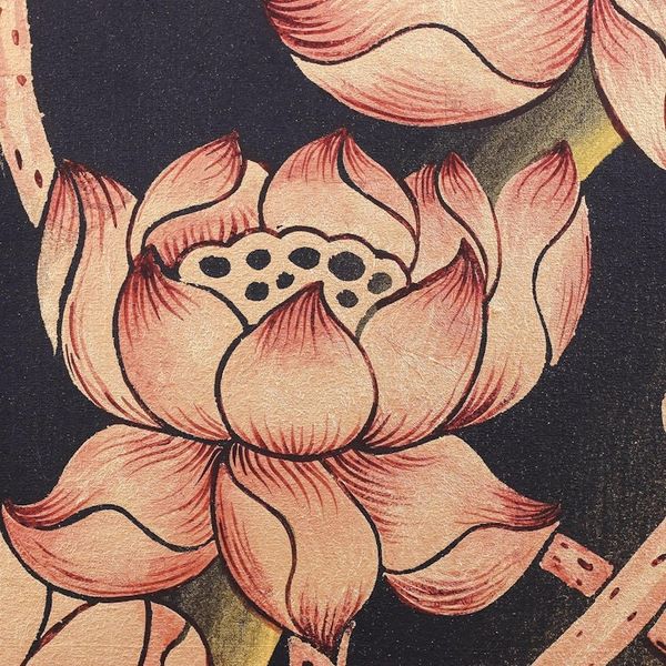 Alternate image for Signed Folk Art Painting of Thai Golden Lotus Blossoms Peaceful Lotus III