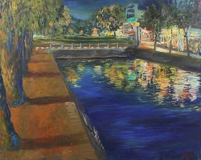 Alternate image for Impressionist Painting of a City Night Scene from Thailand Midnight in Chiang Mai Moat