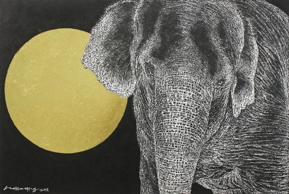 Signed Painting of an Elephant from Thailand 'Meet Under the Moonlight'