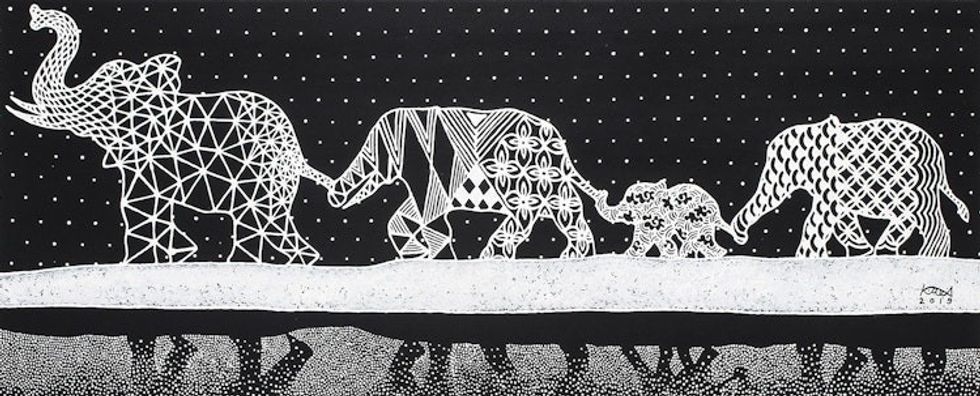 Signed Black and White Painting of an Elephant Family 'Family'