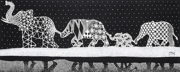 Alternate image for Signed Black and White Painting of an Elephant Family Family