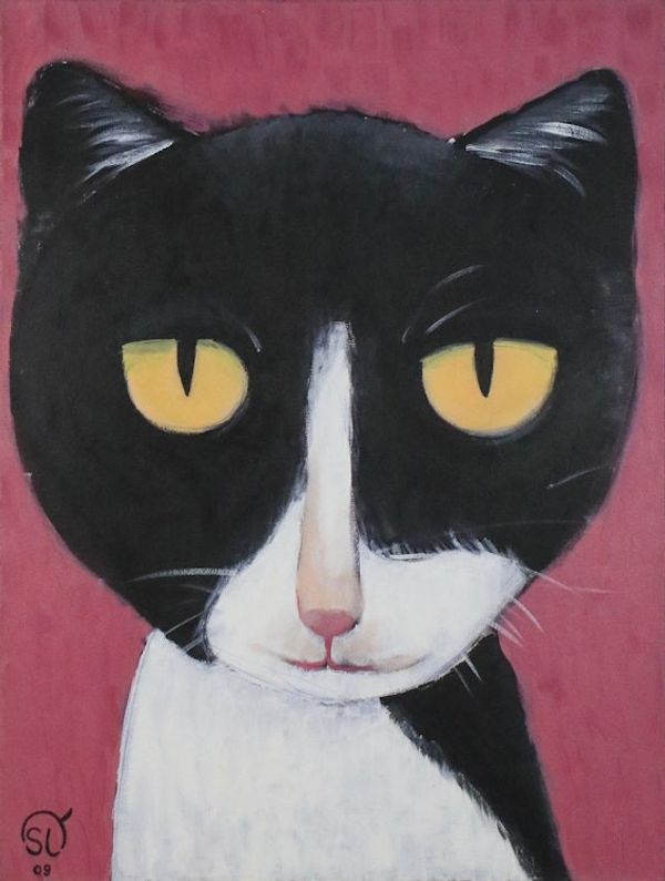 Alternate image for Signed Naif Painting of a Cat from Thailand Bat Man Cat