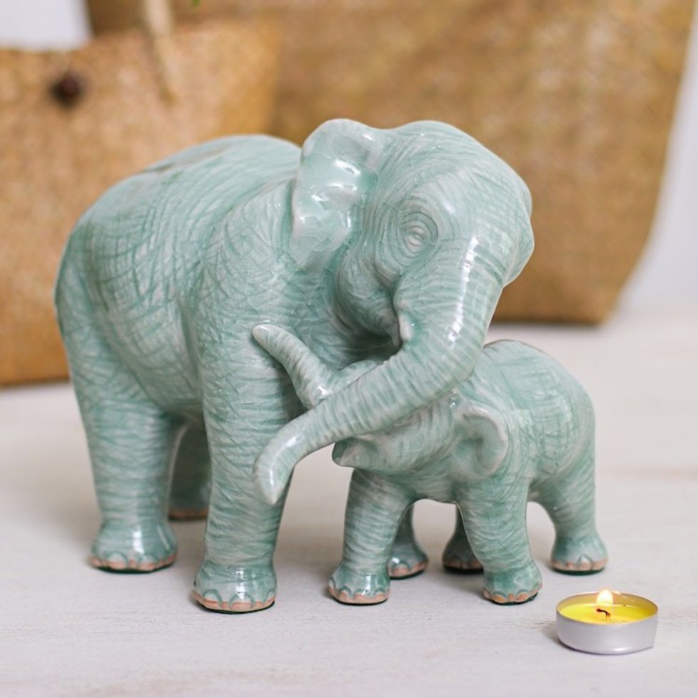 Handcrafted Celadon Ceramic Elephant Father and Son Figurine 'Elephant Love'