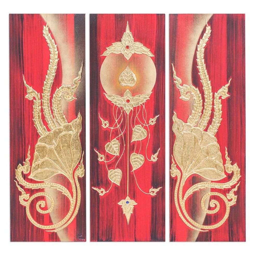 Gold Leaf and Acrylic Painting on Canvas Triptych 'Shining Mind'