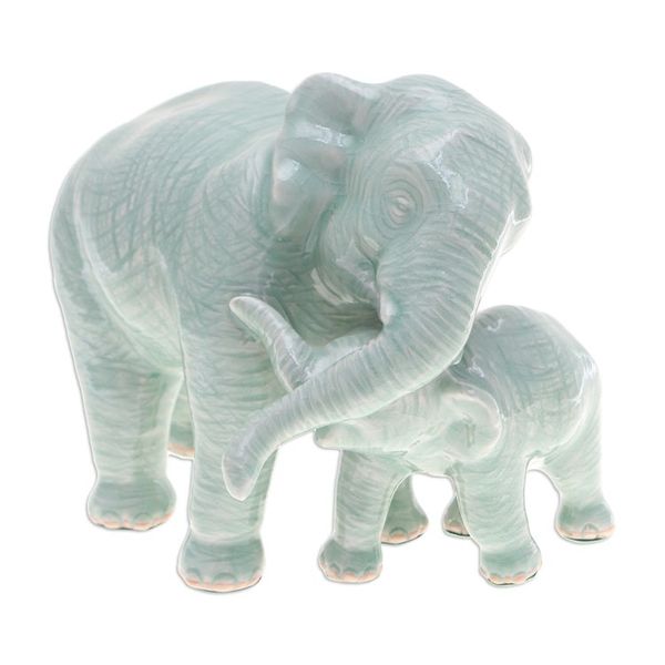 Alternate image for Handcrafted Celadon Ceramic Elephant Father and Son Figurine Elephant Love