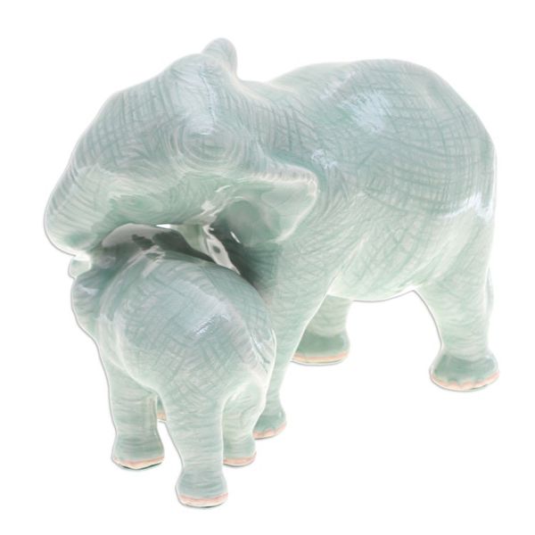 Alternate image for Handcrafted Celadon Ceramic Elephant Father and Son Figurine Elephant Love