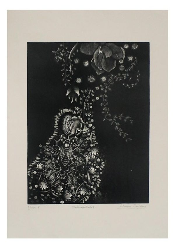Alternate image for Thai Black and White Etching Print of Flowers and Insects Beauty in the Form of Nature