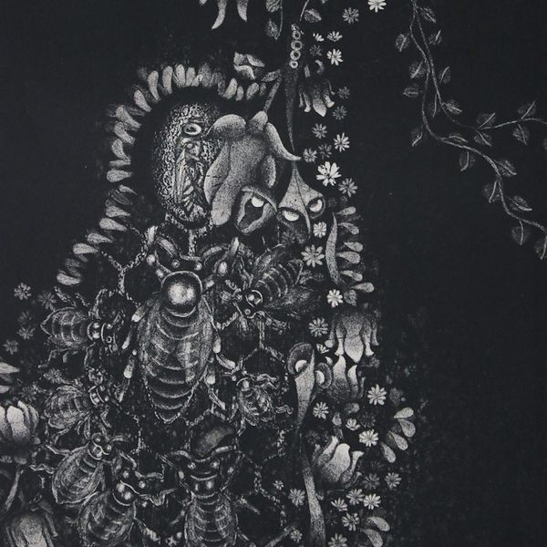 Alternate image for Thai Black and White Etching Print of Flowers and Insects Beauty in the Form of Nature
