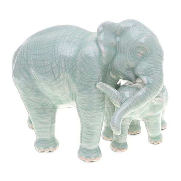 Alternate image for Handcrafted Celadon Ceramic Elephant Father and Son Figurine Elephant Love