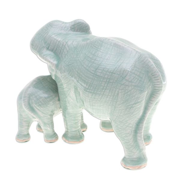 Alternate image for Handcrafted Celadon Ceramic Elephant Father and Son Figurine Elephant Love
