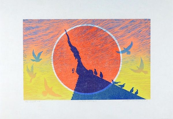Alternate image for Signed Woodcut Print of Birds at a Temple at Dawn In the Morning