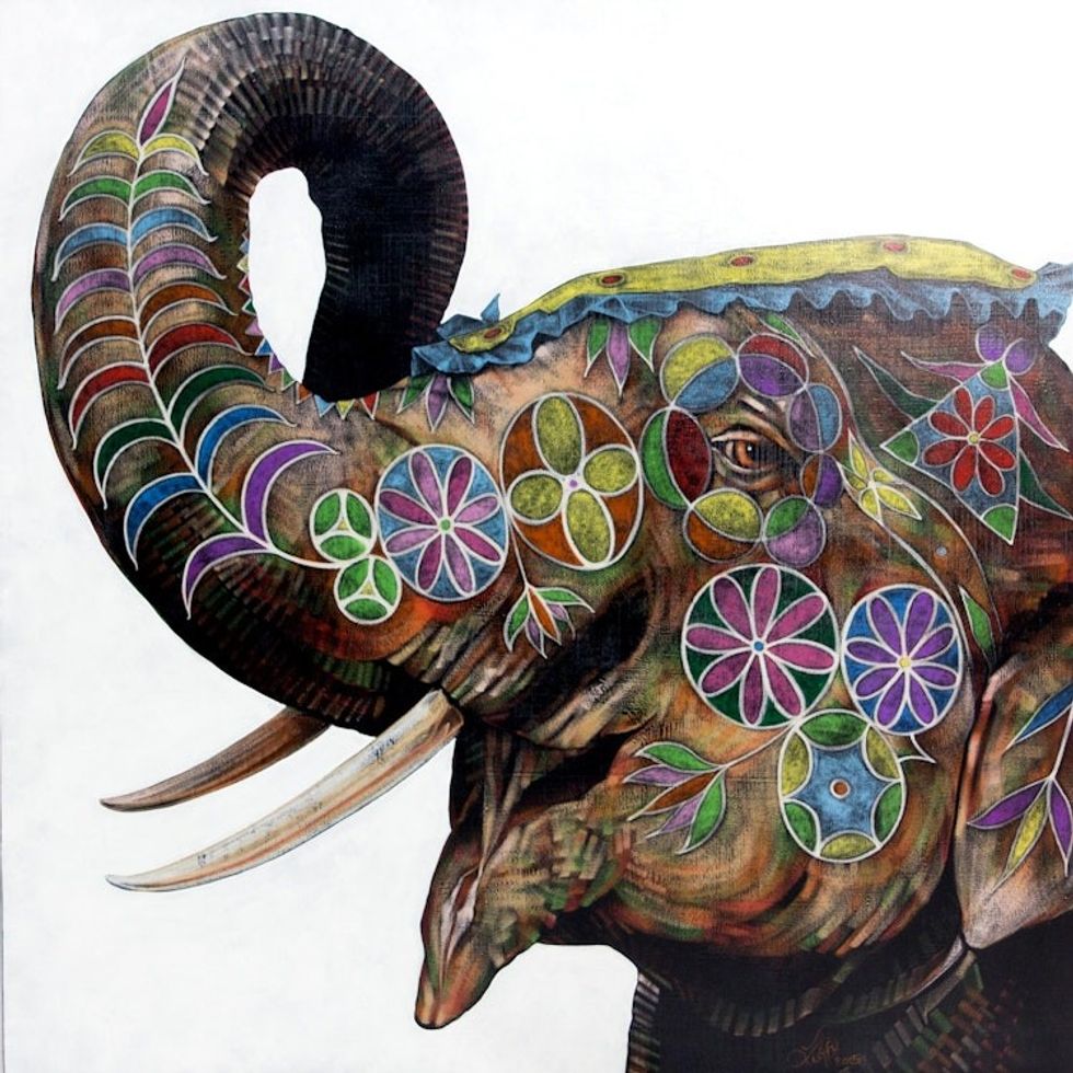 Original Acrylic Painting of Elephant with Pastel 'Happy Hours'