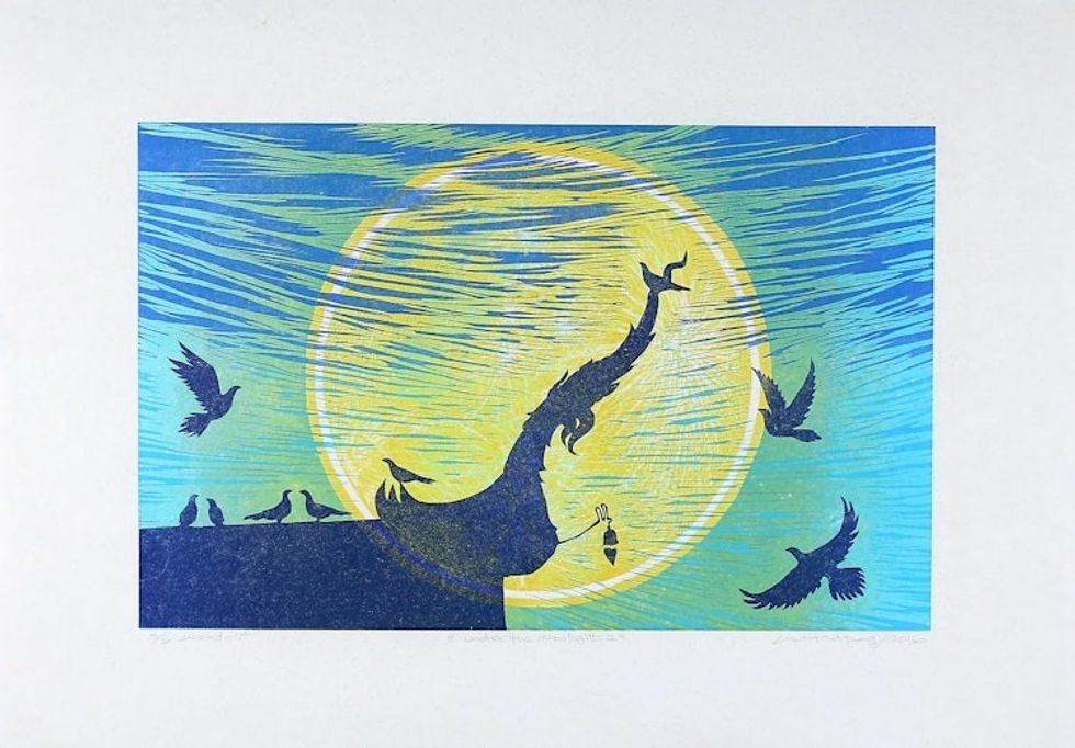 Signed Woodcut Print of Birds on a Thai Temple Roof 'Under the Moonlight'