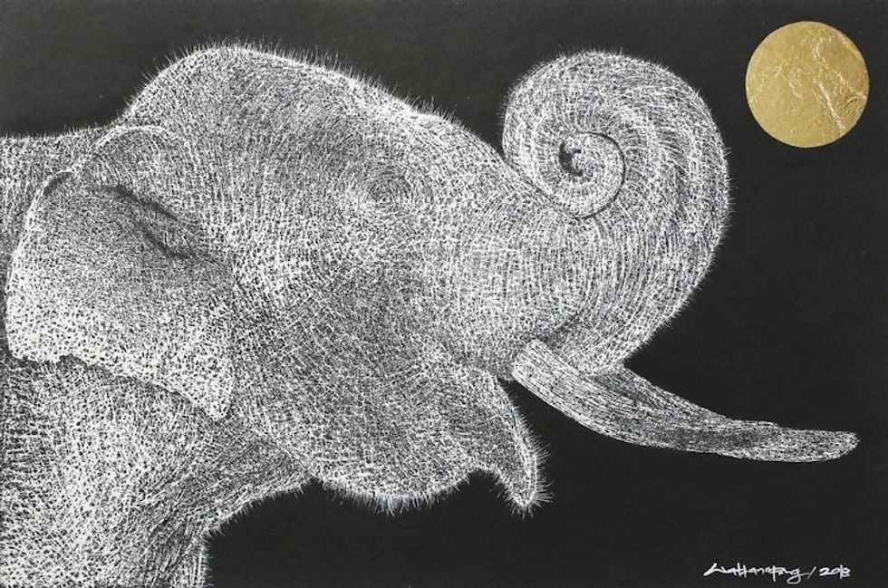 Signed Painting of an Elephant with a Golden Moon 'Pray to the Moon'