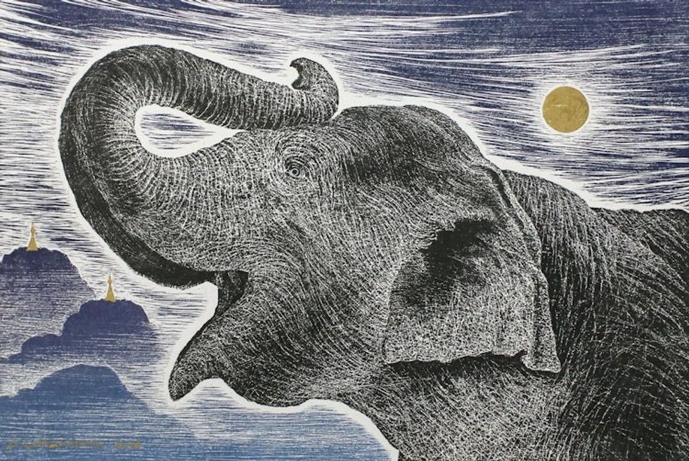 Signed Painting of an Elephant and Landscape from Thailand 'Happy Under the Moonlight'