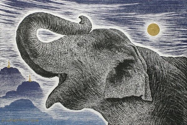 Alternate image for Signed Painting of an Elephant and Landscape from Thailand Happy Under the Moonlight