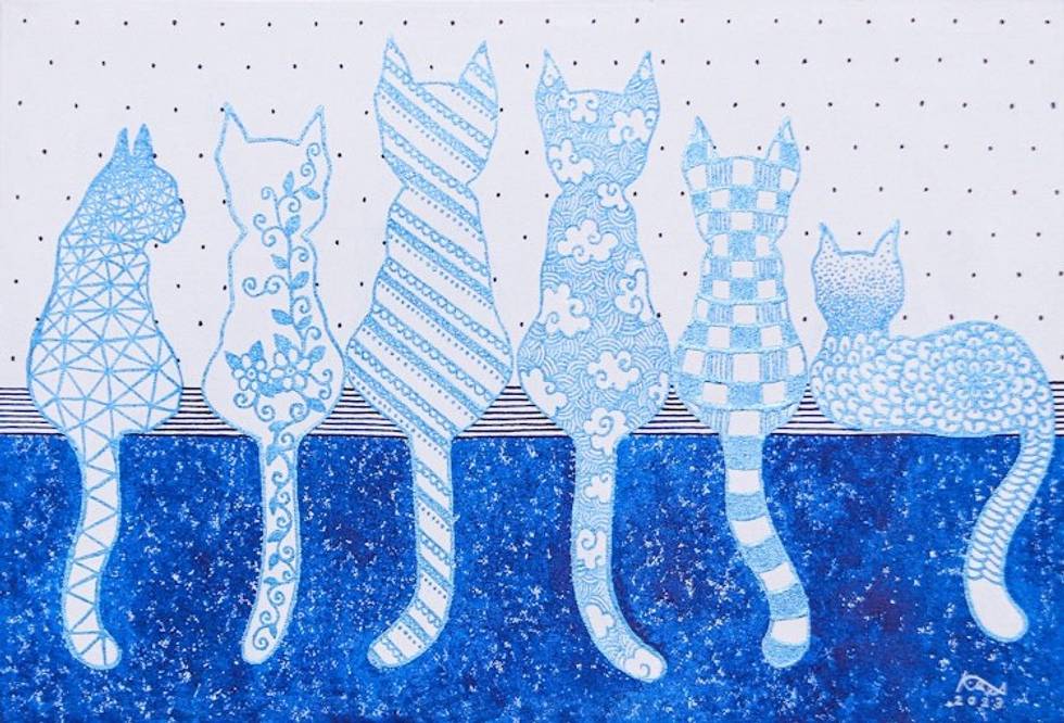 Whimsical Cat-Themed Acrylic Painting in Blue and White 'Blue Cat with Friends'