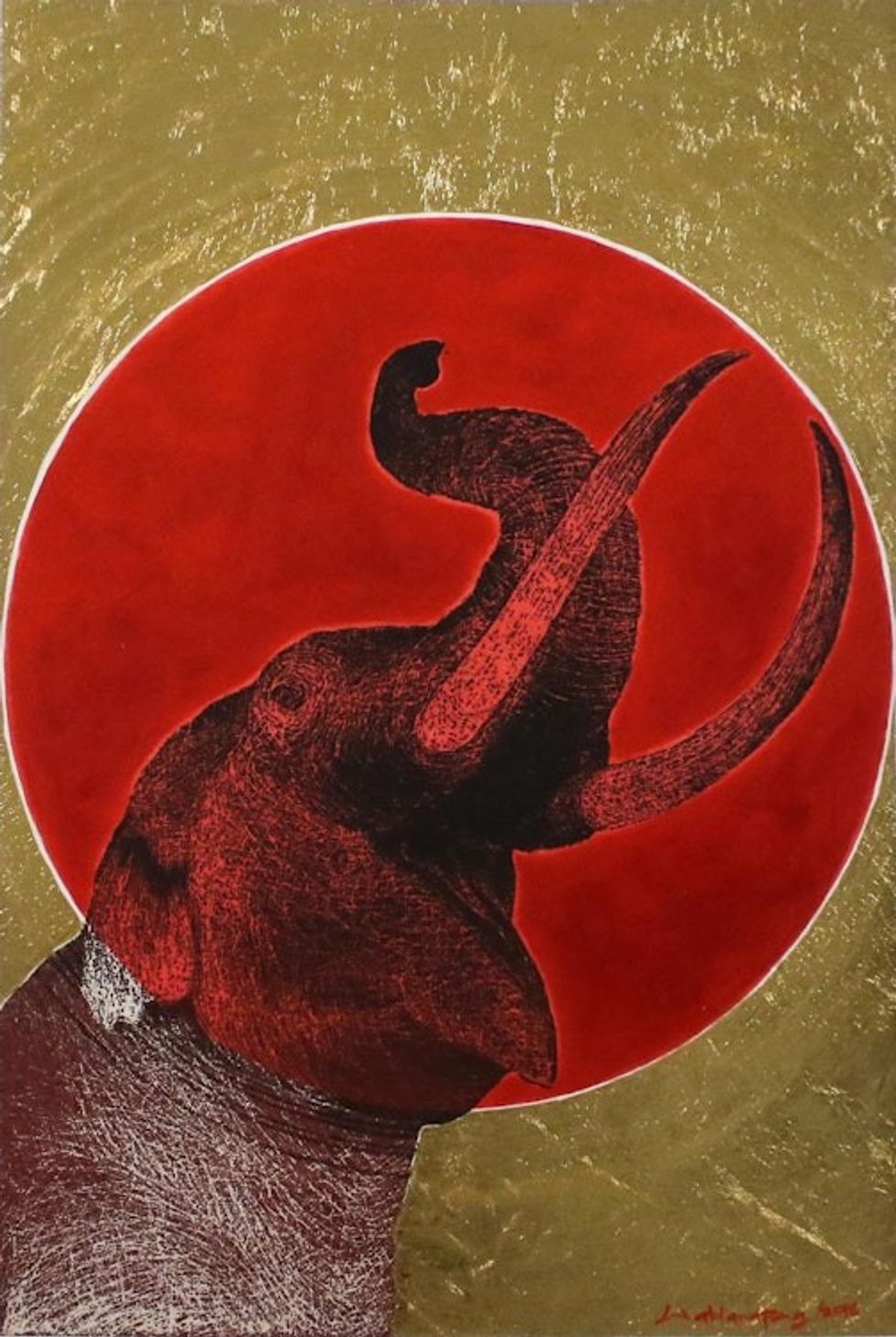 Signed Painting of an Elephant and a Red Sun from Thailand 'Happiness Smile II'