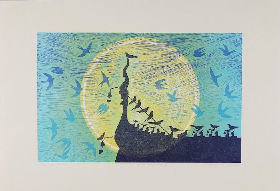 Buddhist Nature Theme Thai Woodcut Print 'Under the Moonlight II'