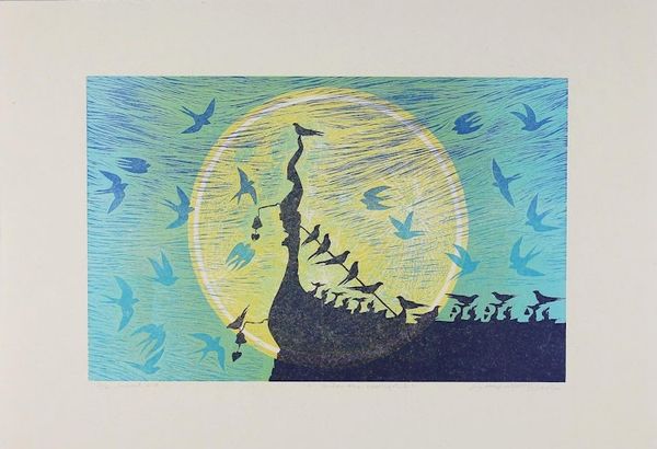 Alternate image for Buddhist Nature Theme Thai Woodcut Print Under the Moonlight II