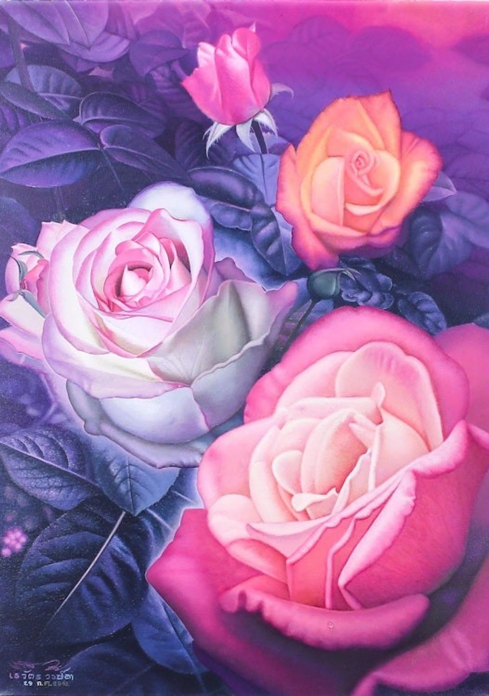 Signed Painting of Four Roses from Thailand 'Rose of Dream'