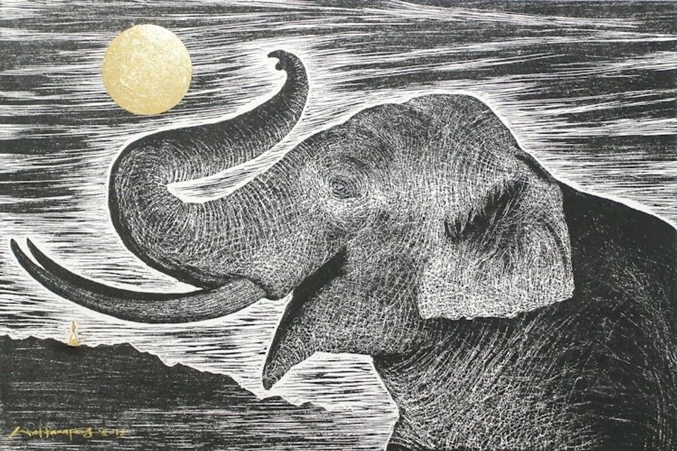 Signed Painting of an Elephant in Black and White 'Watching the Moon'