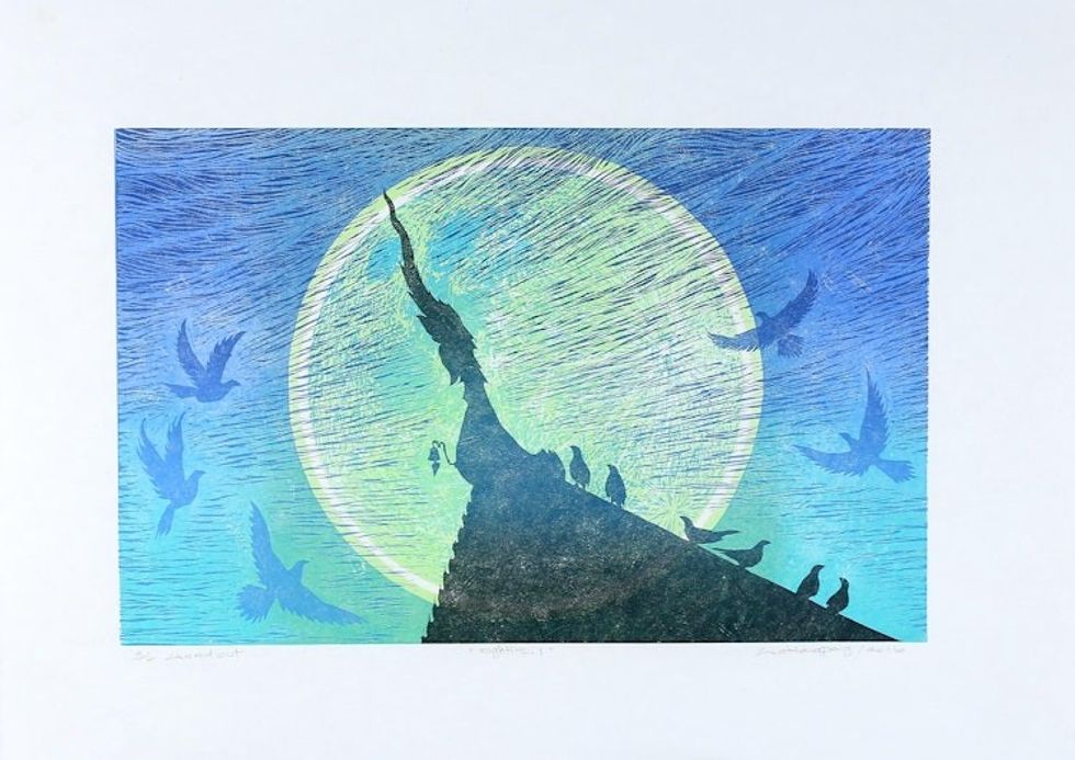 Signed Blue Moonlight Print from Thailand 'Nighttime I'