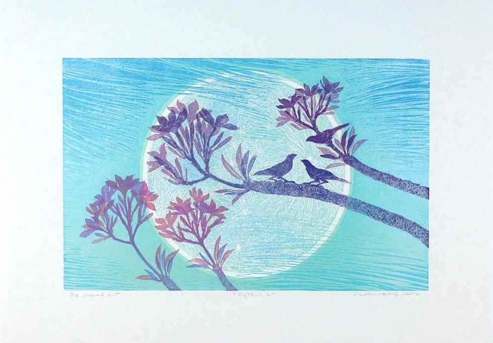 Floral Landscape Woodcut Print in Blue and Violet 'Nighttime II'