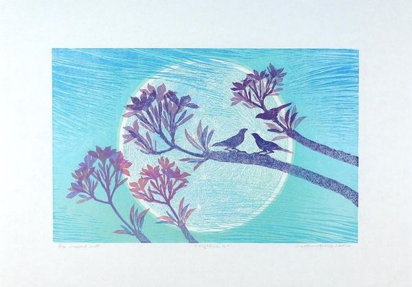 Alternate image for Floral Landscape Woodcut Print in Blue and Violet Nighttime II