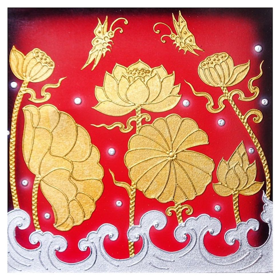 Thai Folk Art Acrylic and Foil Painting with Lotus Motif 'Lotus Garden'