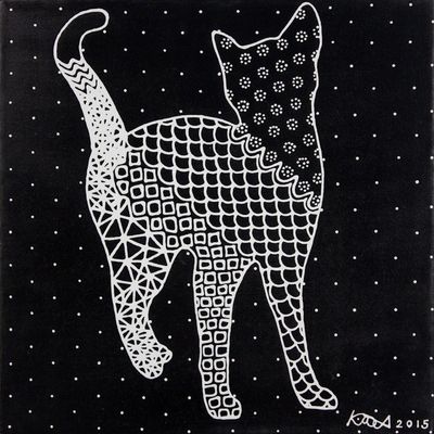 Alternate image for Signed Black and White Acrylic Painting of Cat from Thailand Happy Cat