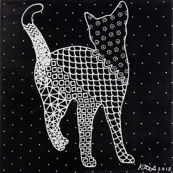 Image for Signed Black and White Acrylic Painting of Cat from Thailand Happy Cat