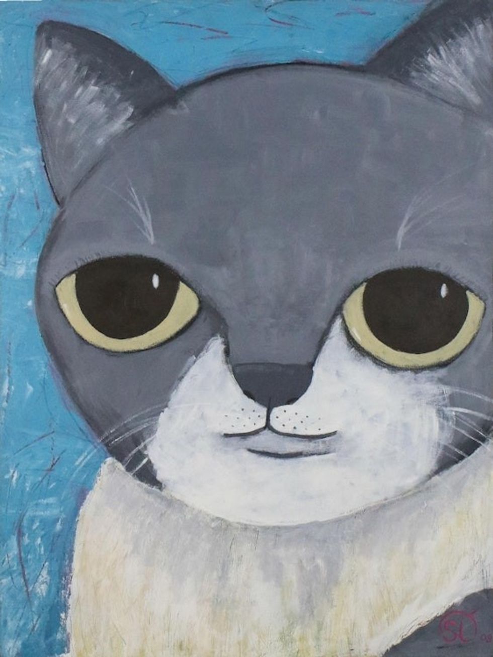 Signed Naif Painting of a Grey and White Cat from Thailand 'Grey Cat'