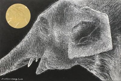 Alternate image for Signed Black and White Painting of an Elephant from Thailand Aging Time