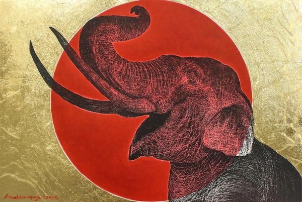 Alternate image for Signed Painting of an Elephant Against the Sun Happiness Smile I
