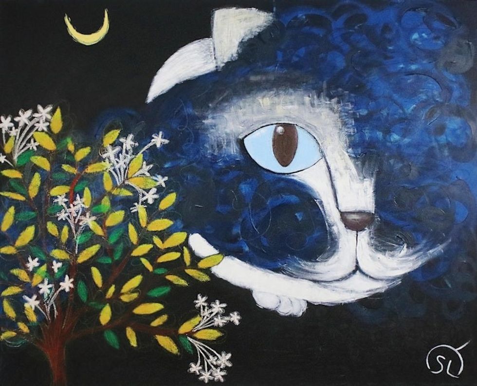 Original Signed Tuxedo Cat Painting from Thailand 'Night Owl Cat'