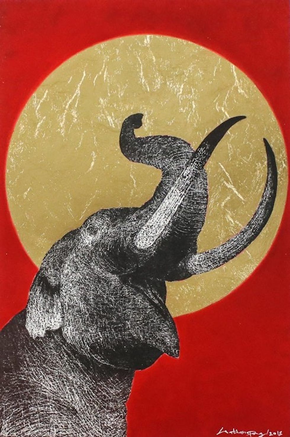 Signed Painting of an Elephant with a Golden Sun 'Be Glad II'