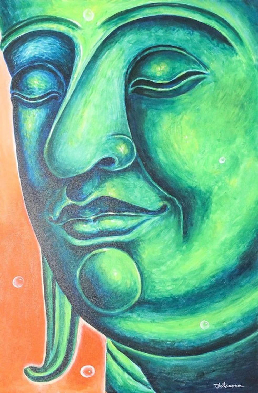 Signed Expressionist Painting of Buddha in Green 'Peaceful Jade'