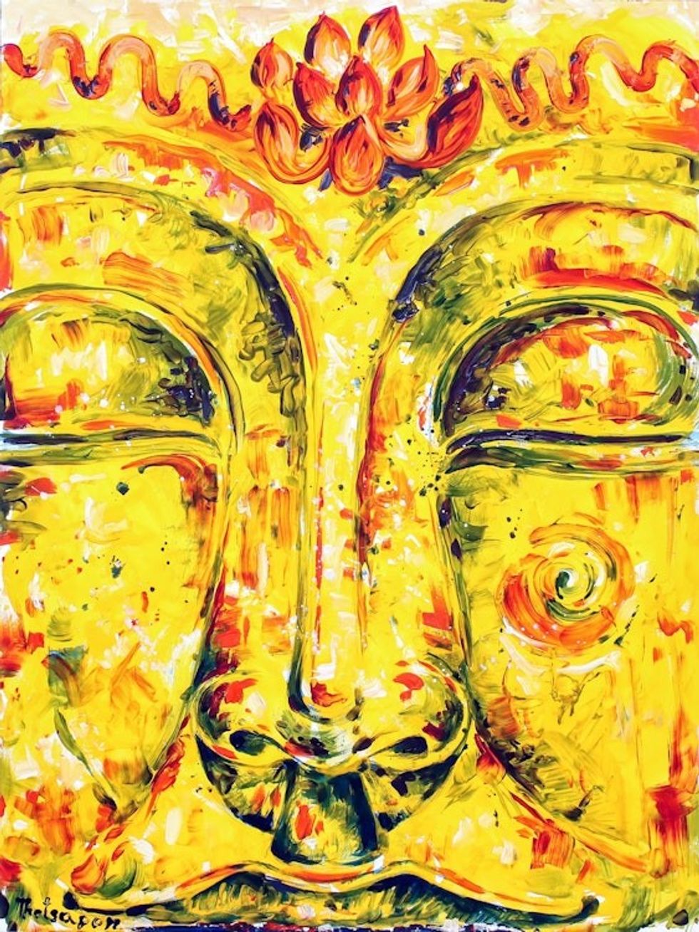 Signed Buddha-Themed Painting in Yellow from Thailand 'Tranquilly'