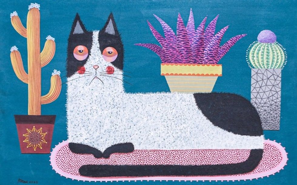 Acrylic Naif Painting of Bored Cat Resting on A Pink Rug 'Bored Cat on The Pink Rug'