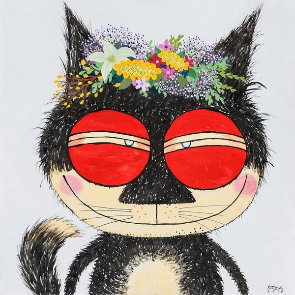 Alternate image for Signed Naif Painting of a Black Cat from Thailand Flora Black Cat