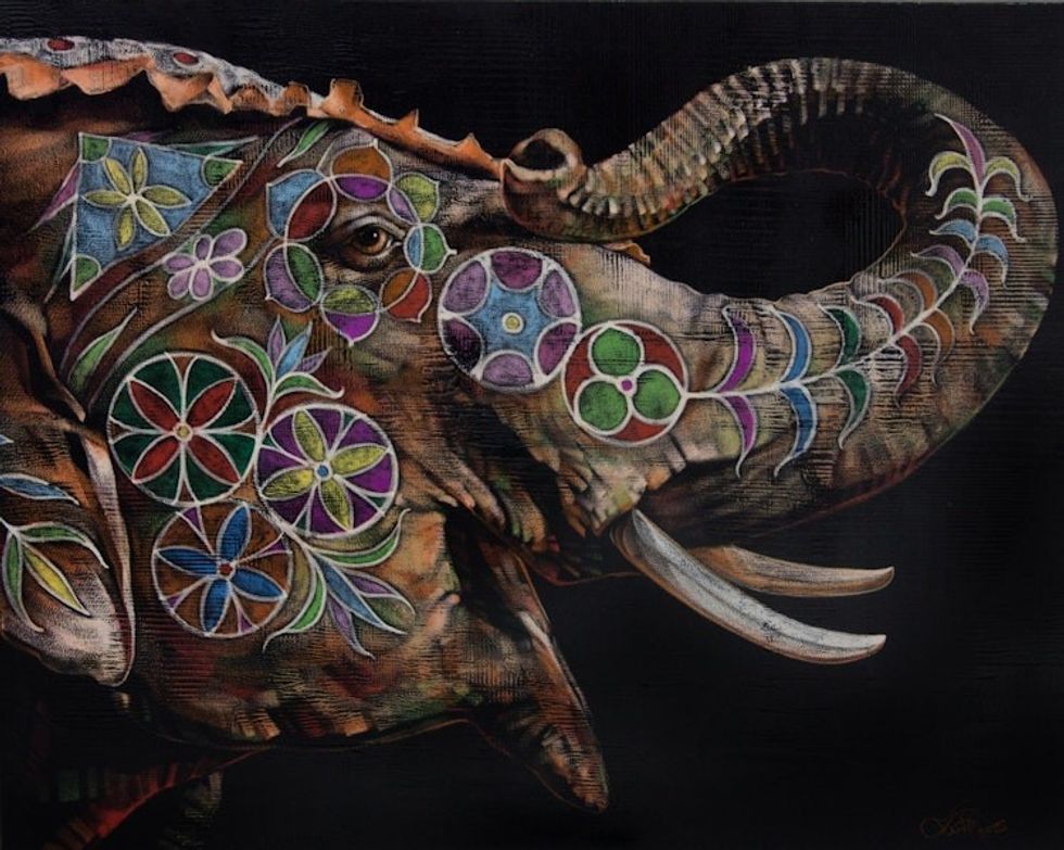 Original Signed Painting of Elephant in Acrylics and Pastel 'Happy Hours II'