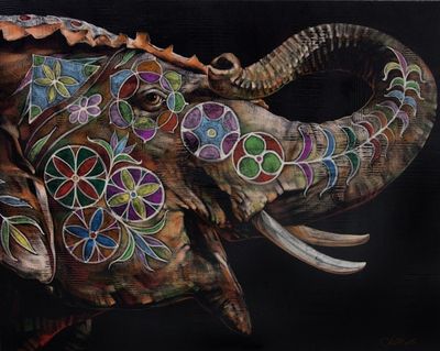 Alternate image for Original Signed Painting of Elephant in Acrylics and Pastel Happy Hours II