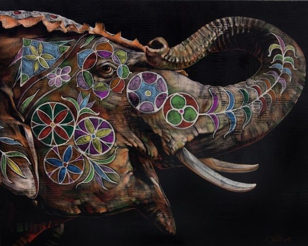 Image for Original Signed Painting of Elephant in Acrylics and Pastel Happy Hours II