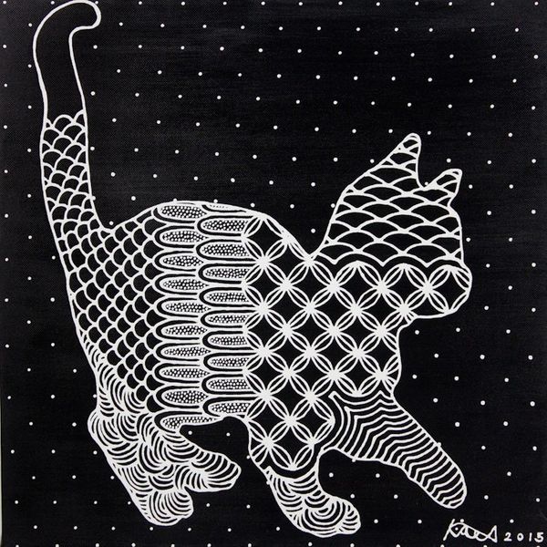 Image for Black and White Original Acrylic Painting of Cat on Canvas Be Funny