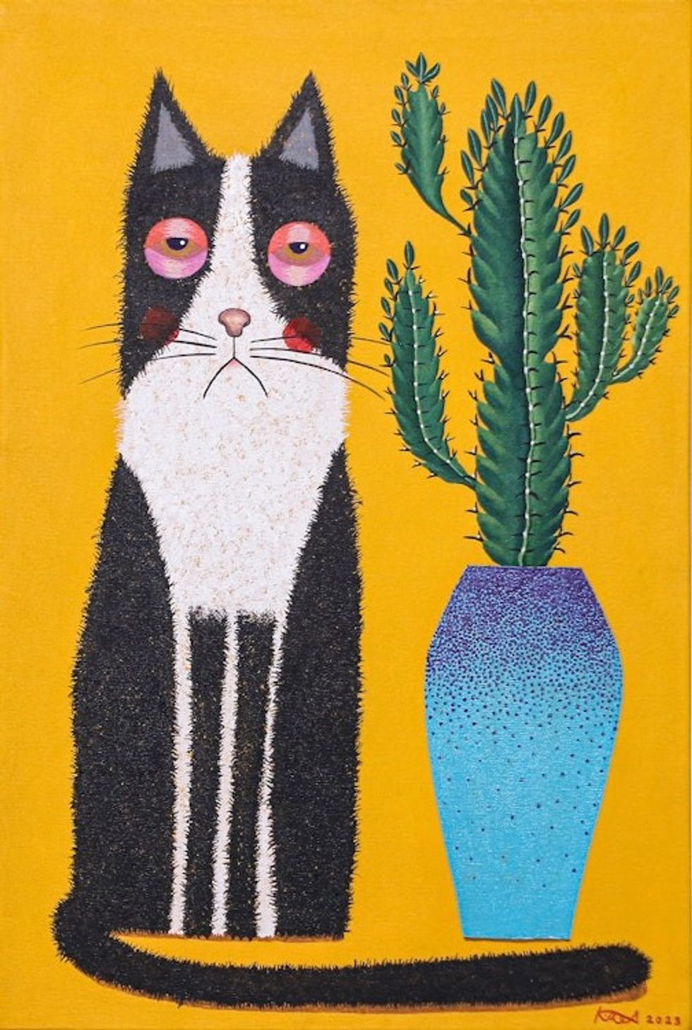 Naif Painting of Cat and Cactus with Yellow Background 'Bored Cat and Cactus'