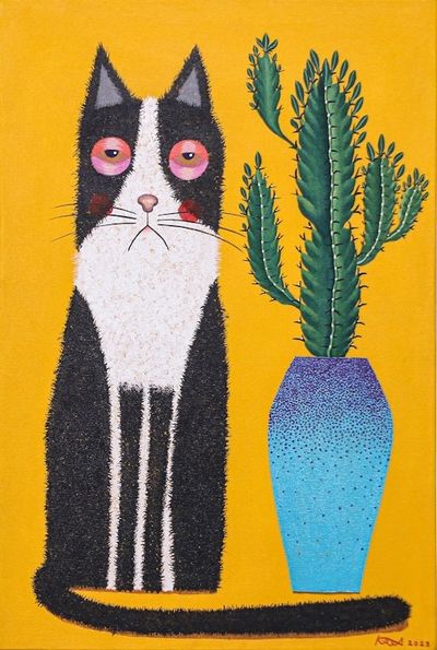 Alternate image for Naif Painting of Cat and Cactus with Yellow Background Bored Cat and Cactus