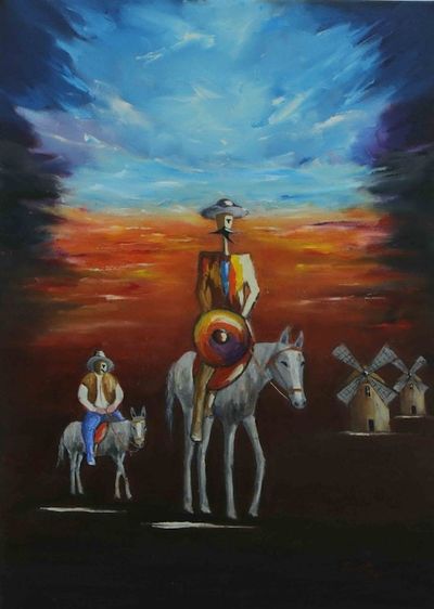 Alternate image for Oil on Canvas Naif Painting of Don Quixote and Sancho Panza Don Quixote in Blue and Red
