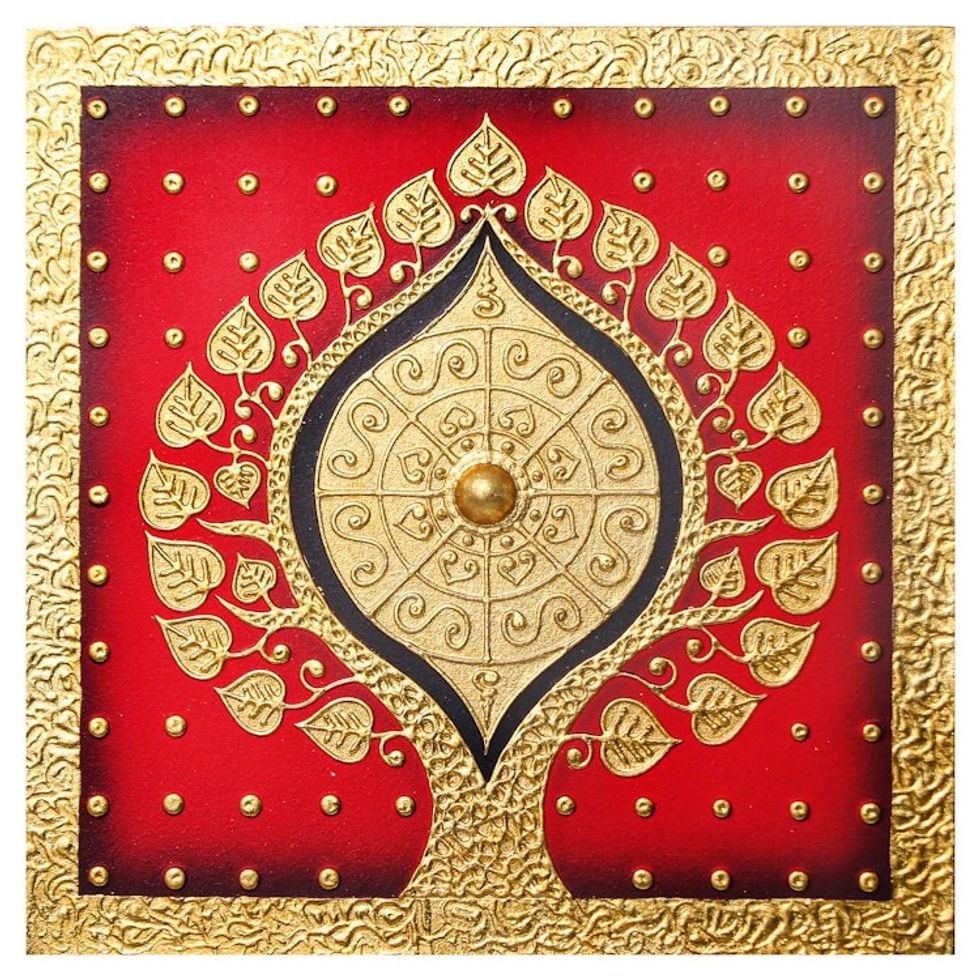 Thai Folk Art Acrylic  Foil Painting with Bodhi Tree Motif 'Bodhi Leaf in Red'