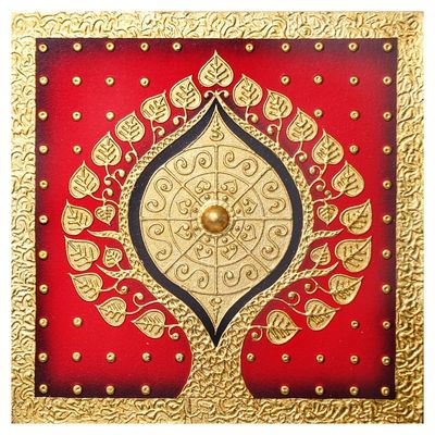 Alternate image for Thai Folk Art Acrylic  Foil Painting with Bodhi Tree Motif Bodhi Leaf in Red